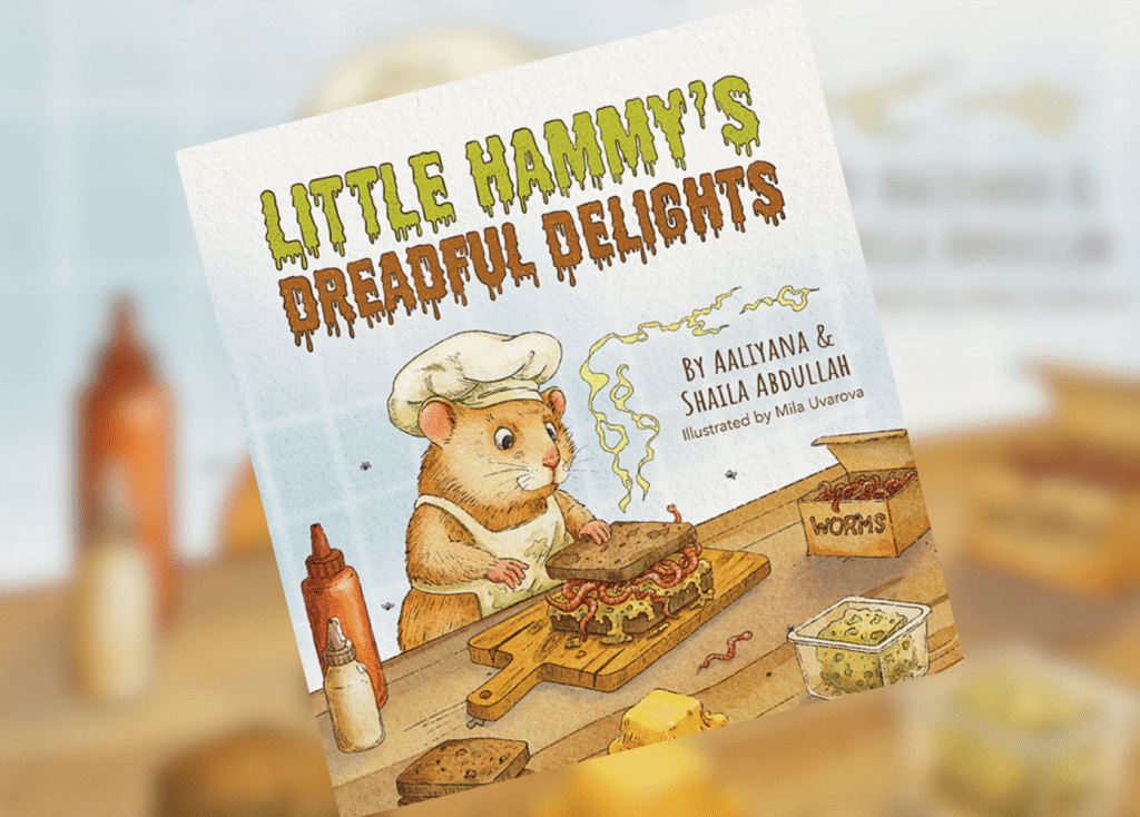 Little Hammys Dreadful Delights Header | The Children's Book Review Illustrated book cover: 'Little Hammy's Dreadful Delights' with a hamster chef making a sandwhich with worms in a workshop-style setting.