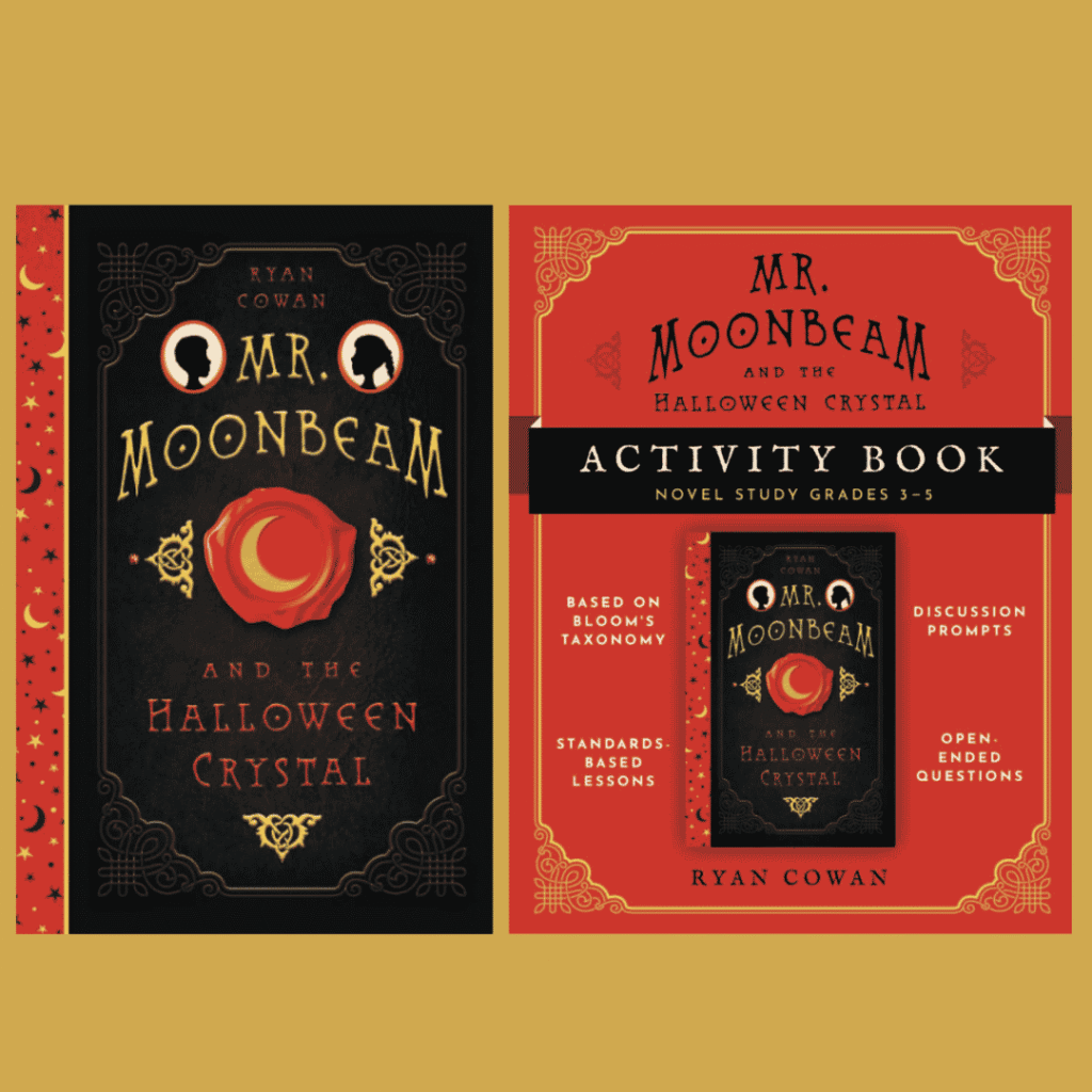 Mr Moonbeam Activity Giveaway 1 | The Children's Book Review Two book covers side by side: left shows 'Mr Moonbeam and the Halloween Crystal' on a black ornate cover with a red crescent moon; right shows 'Mr Moonbeam and the Halloween Crystal Activity Book' on a red cover with a black 'Activity Book' band and a small inset image of the left book.