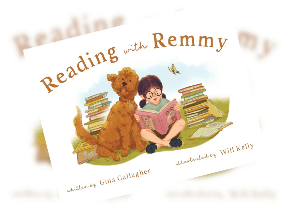 Reading with Remmy | The Children's Book Review Illustrated book cover: a girl reading a pink book beside a fluffy dog, with tall stacks of colorful books around them.