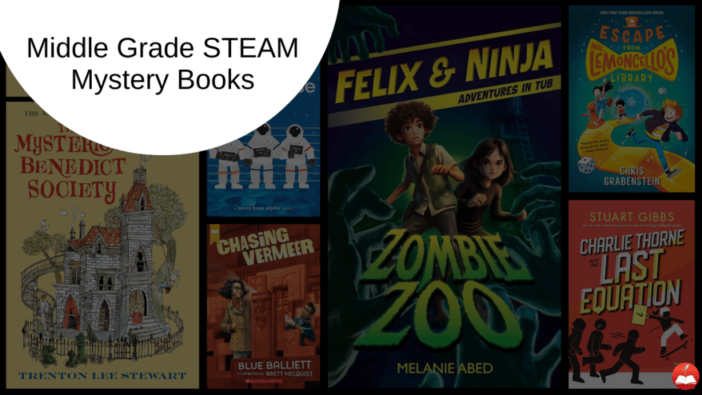 Collage of middle-grade mystery/STEAM book covers with a large white circle label reading 'Middle Grade STEAM Mystery Books'.