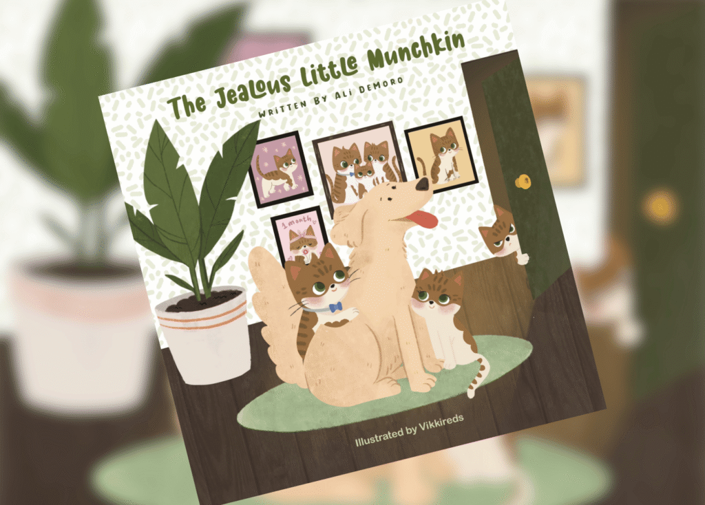 Cover illustration for a children's book titled 'The Jealous Little Munchkin' showing a tan dog with many kittens indoors, plant in a pot nearby.