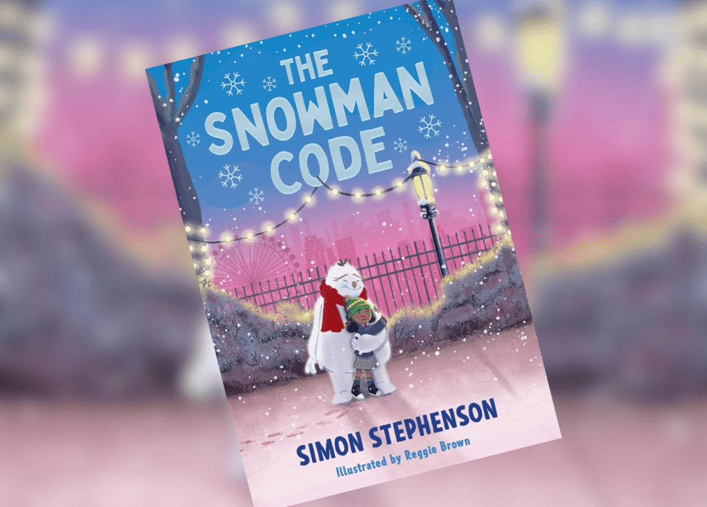 The Snowman Code Header | The Children's Book Review Book cover for 'The Snowman Code' featuring a snowman hugging a child under string lights in a snowy city park at dusk, author Simon Stephenson.