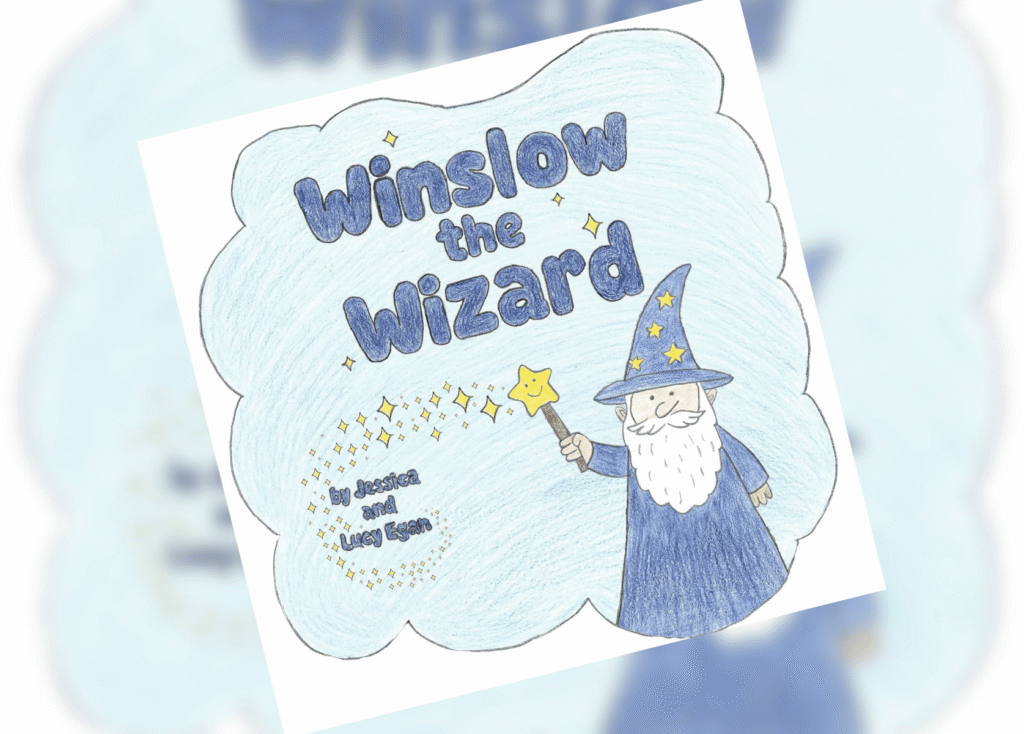 Winslow the Wizard Header | The Children's Book Review Children's book cover illustration: a smiling wizard in blue with a star wand, title 'Winslow the Wizard' inside a blue cloud.