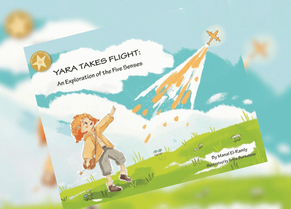 Book cover illustration: a glad girl raises her arm toward a blue sky with a tall orange-and-white mountain, title 'Yara Takes Flight' above.