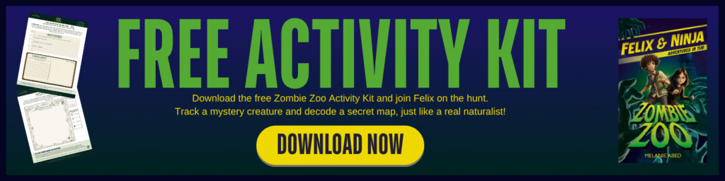 Banner advertising a free Zombie Zoo activity kit: large 'FREE ACTIVITY KIT' headline, two-line description, and a yellow 'DOWNLOAD NOW' button; left shows form-page images, right shows a book cover 'Felix & Ninja: Adventures in the Zoo'.